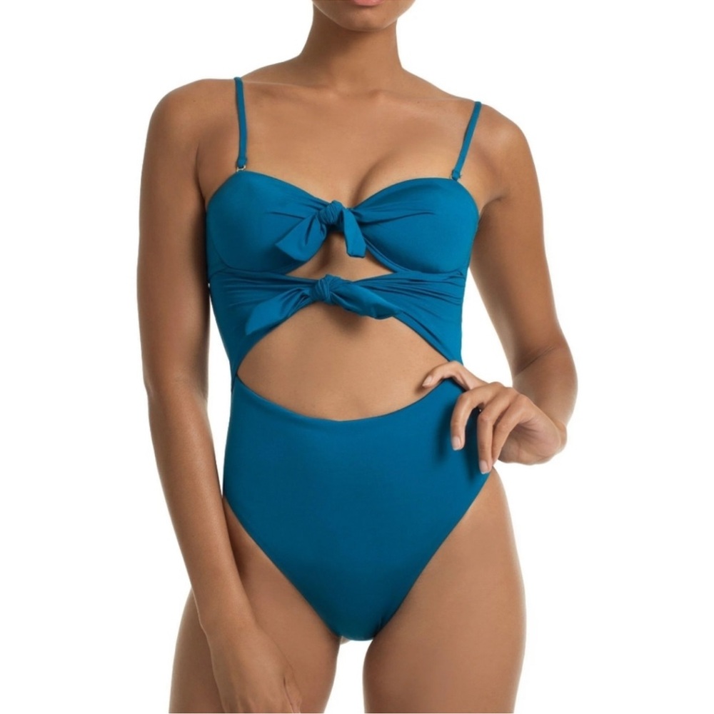 Trina Turk Getaway Solid Tie Bandeau One Piece Cutout Swimsuit Teal Blue
